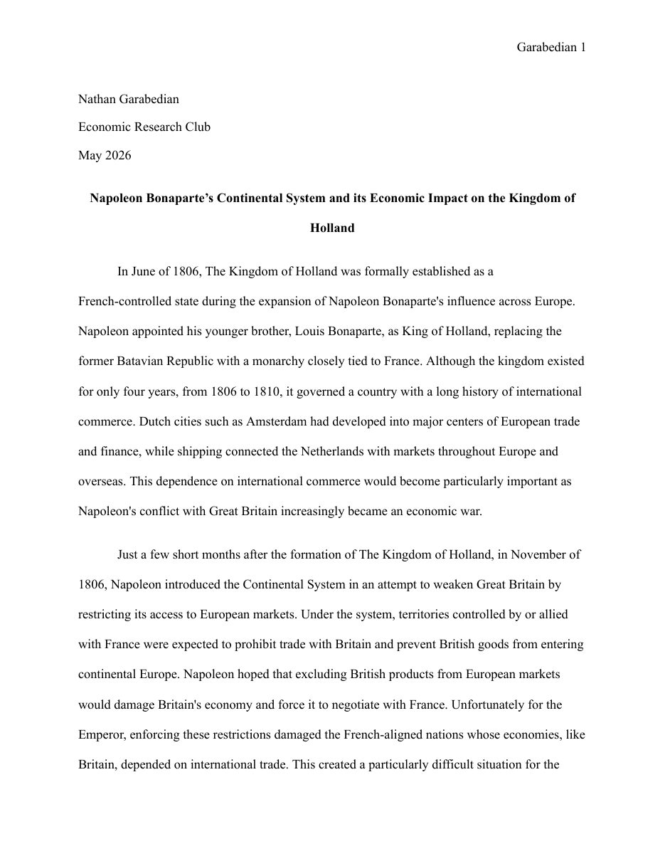 Napoleon Bonaparte's Continental System and its Economic Impact on the Kingdom of Holland — page 1